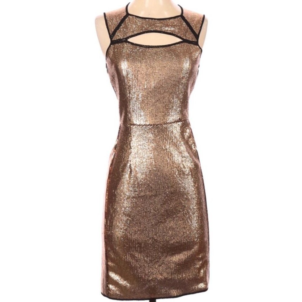 BCBGMaxazria Sz 2 Gold Sequins Fitted Sleeveless Christmas New Year party dress